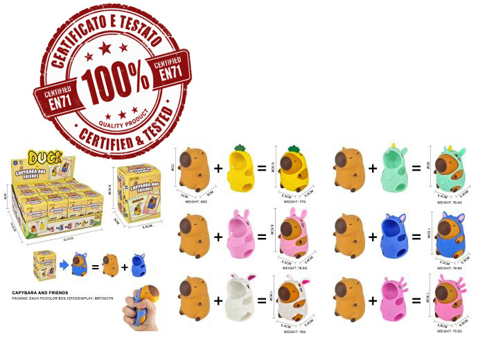 CAPIBARA AND FRIENDS SQUISHY TPR+PVA 9cm (In Blind Box 9x8x9cm) c/vestitino In espo da 12pz 6ass…x12…x96